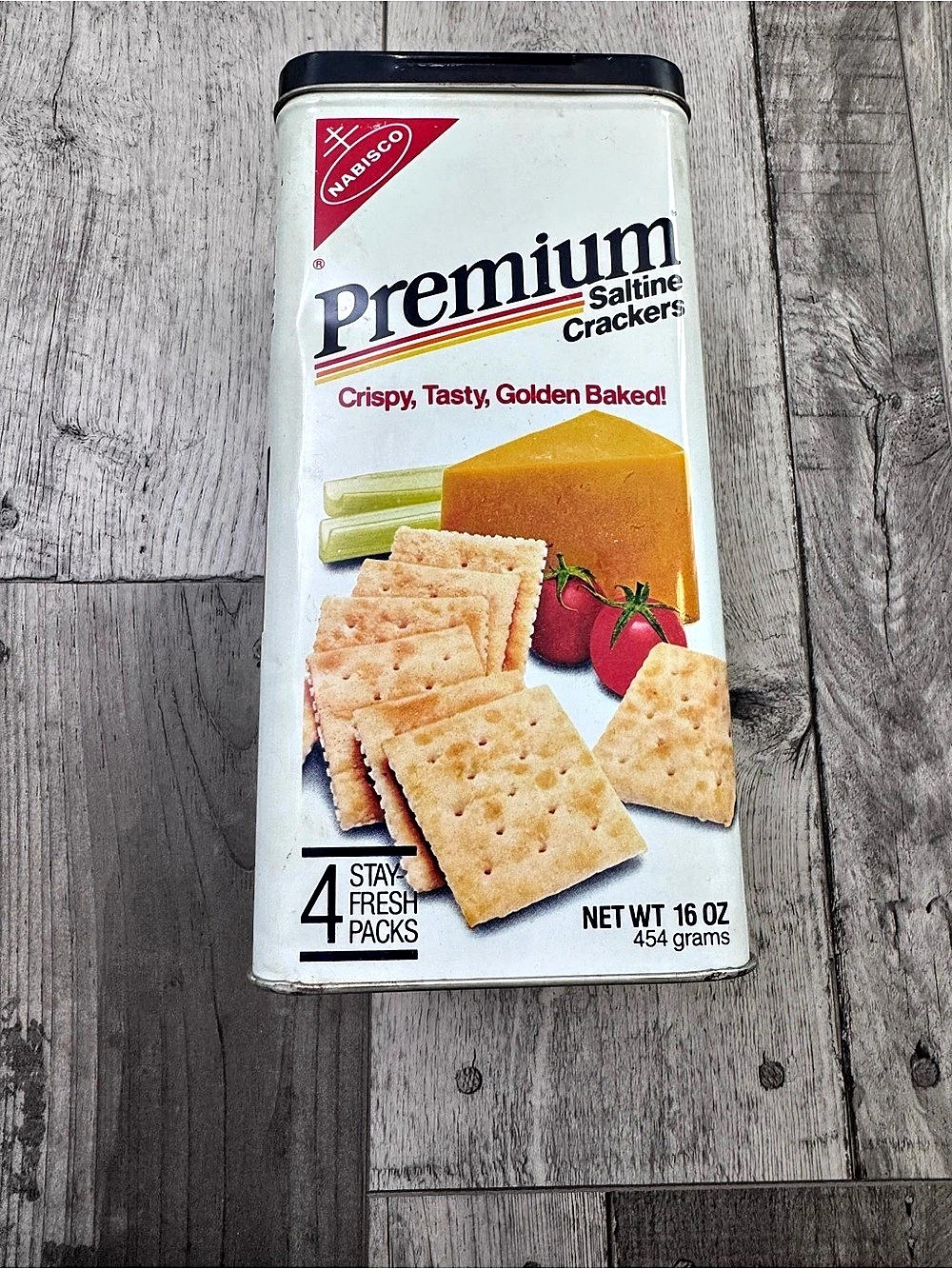 Vintage Nabisco Premium Saltine Crackers Tin Canister Blue Lid 14 O24